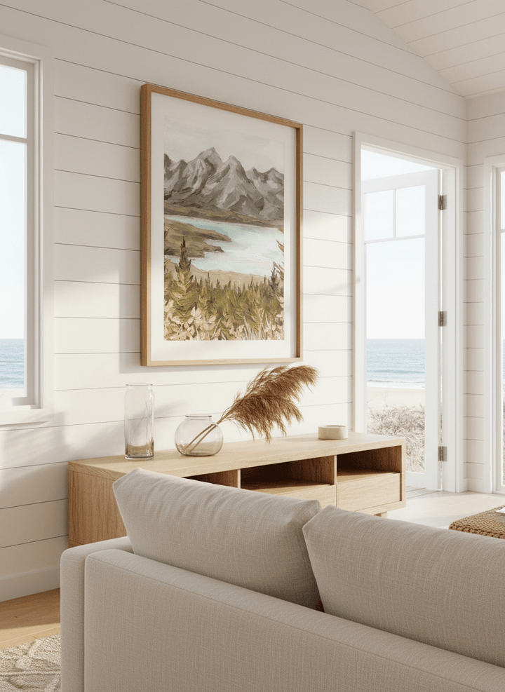Neutral wall art displayed in a sunny coastal beach house