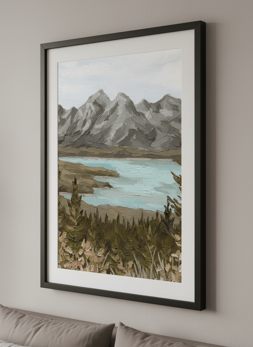 Minimalist artwork displayed in a calm, light-filled bedroom interior