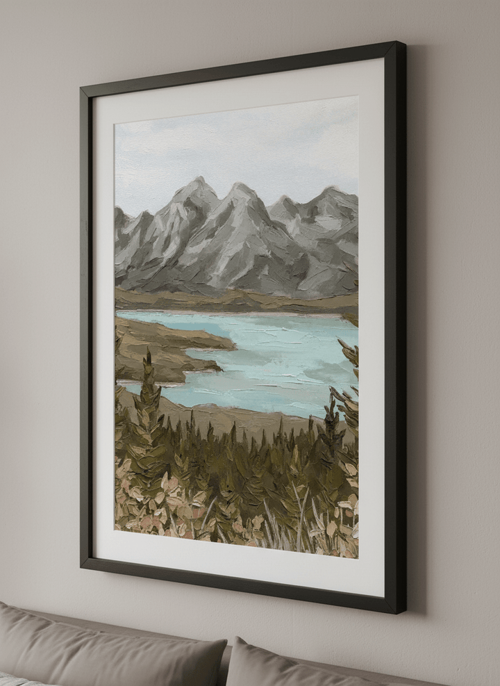 Minimalist artwork displayed in a calm, light-filled bedroom interior