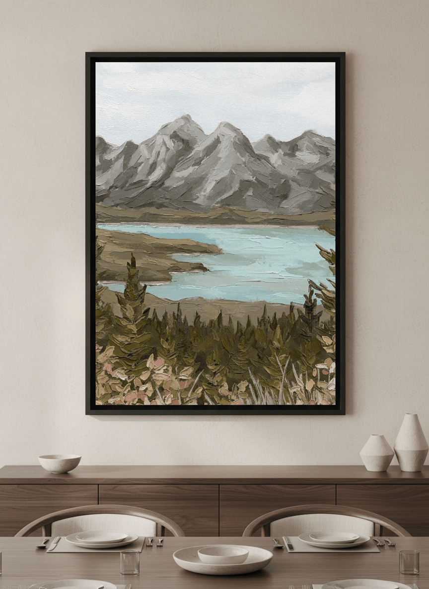 Wall art styled above a dining table in a contemporary home