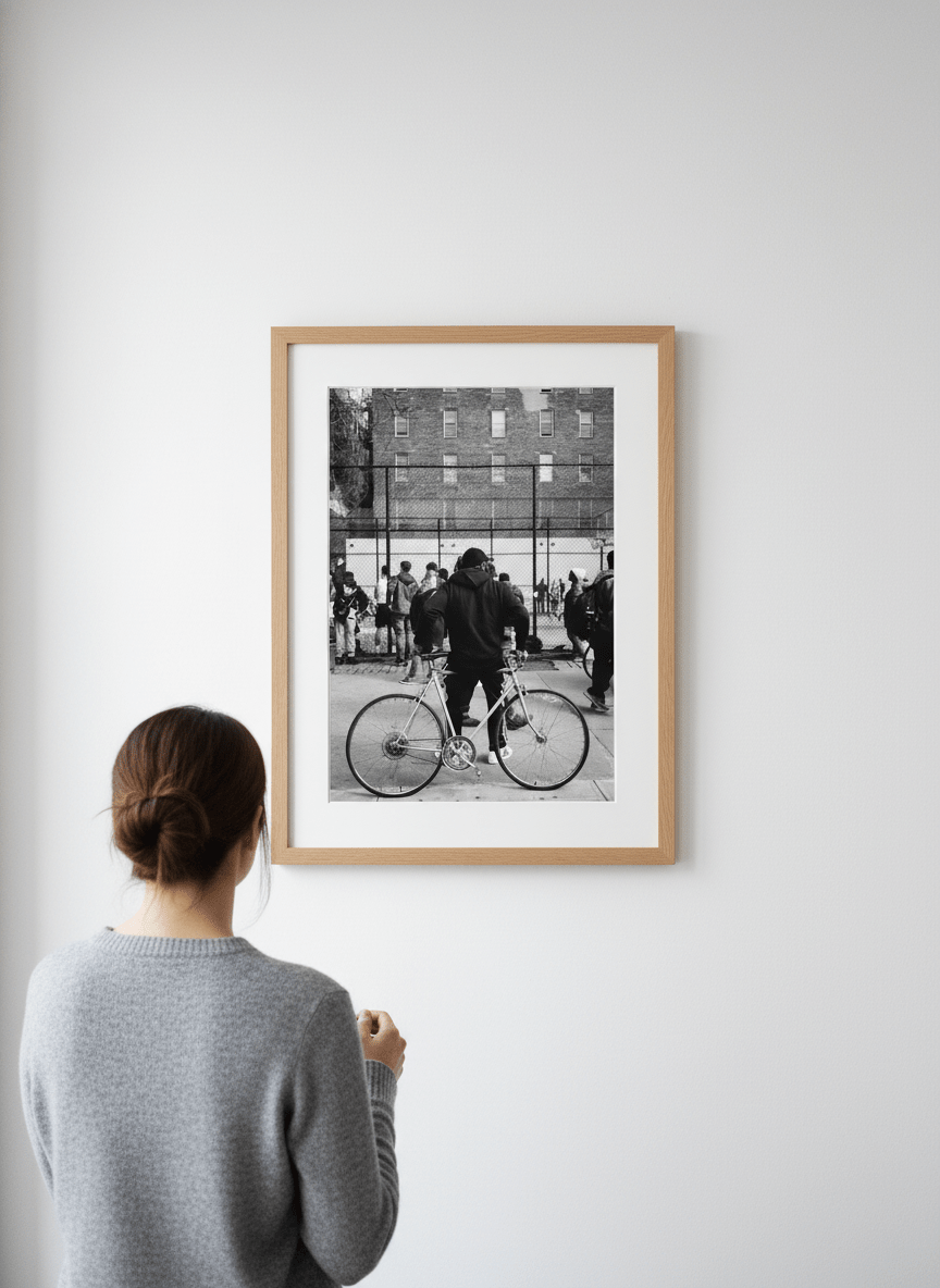 Person showcasing the artwork against a clean modern interior wall