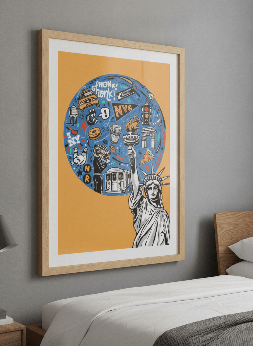 Minimalist artwork displayed in a calm, light-filled bedroom interior