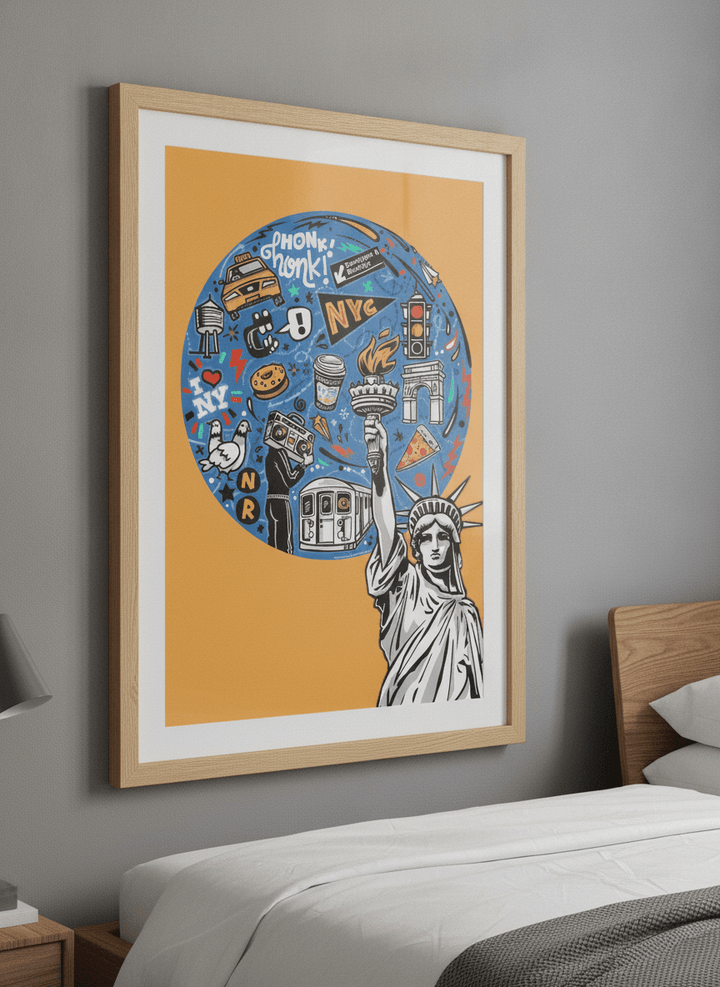Minimalist artwork displayed in a calm, light-filled bedroom interior