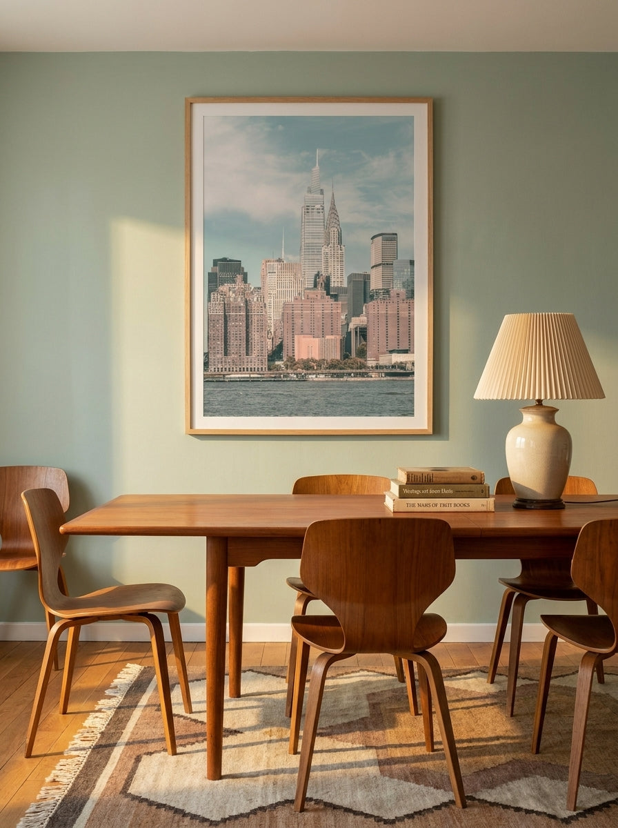 Modern wall art print styled on the wall in a mid-century dining room