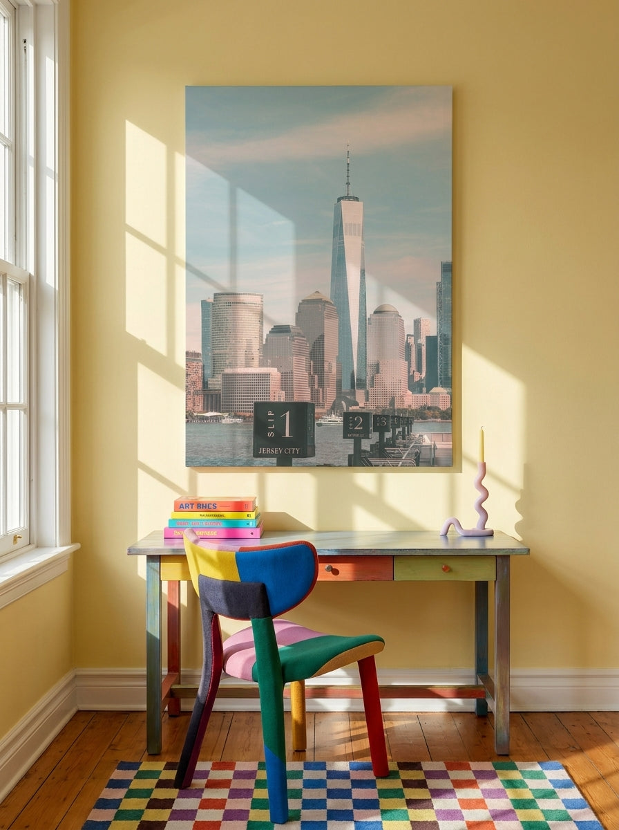 Stretched canvas wall art styled on the wall in a colourful eclectic home office