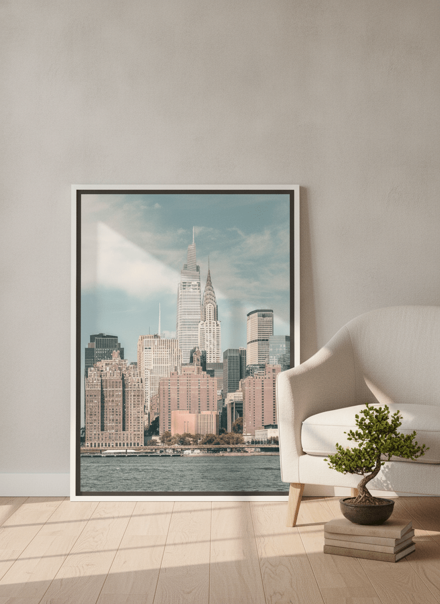Canvas wall art with a white surround leaning against the wall in a warm Japandi home office