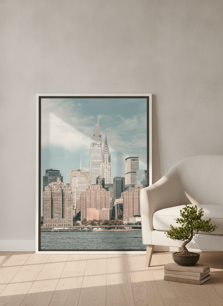 Canvas wall art with a white surround leaning against the wall in a warm Japandi home office