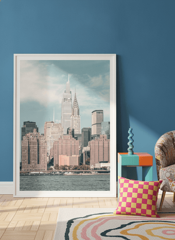 Modern wall art print leaning against the wall in a colourful eclectic home office