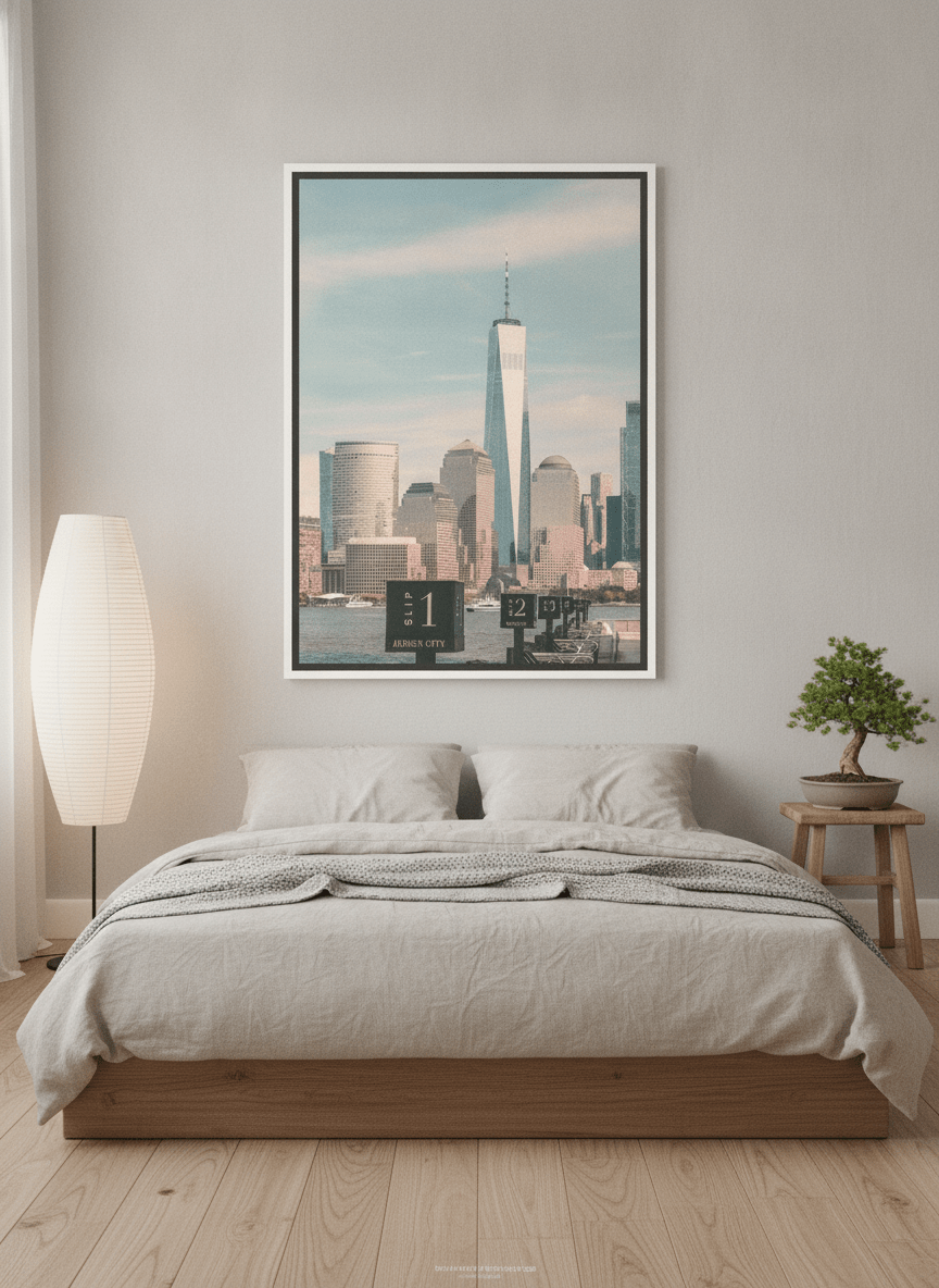 Canvas wall art with a white surround styled on the wall in a warm Japandi bedroom