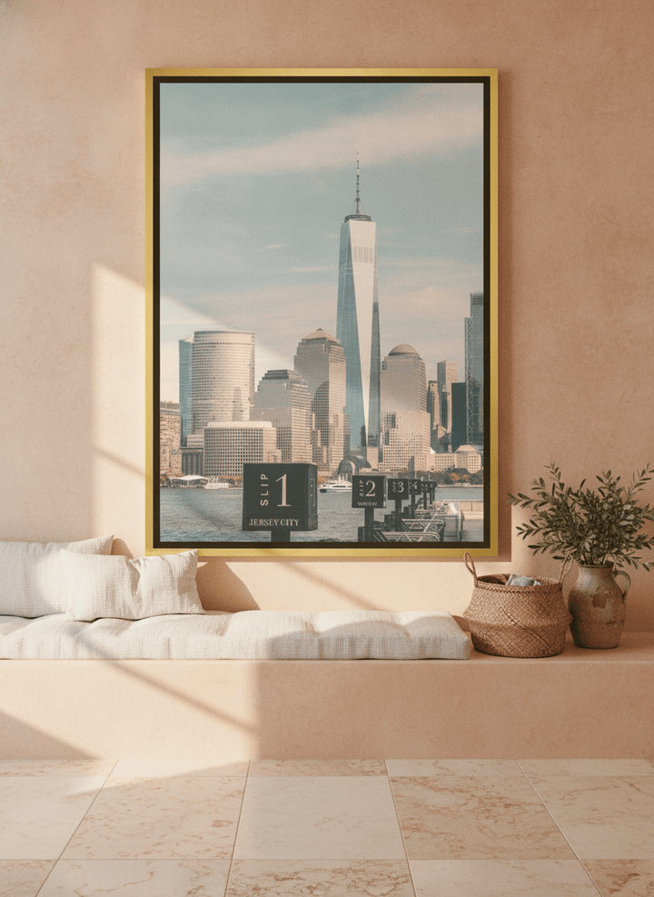 Oversized statement canvas wall art with a gold leaf surround styled on the wall in a Mediterranean living room