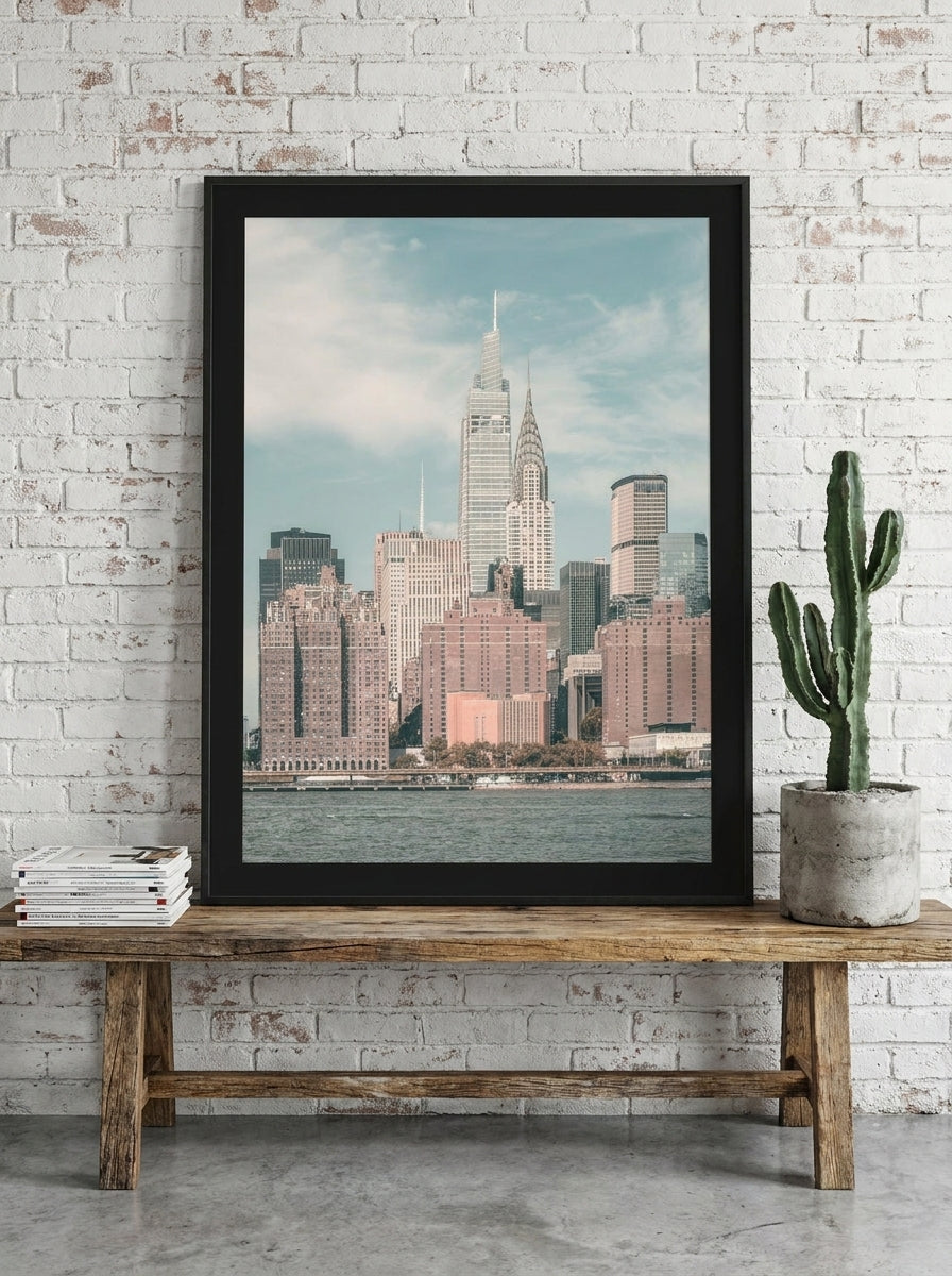 Modern wall art print standing on a bench in an industrial loft home office
