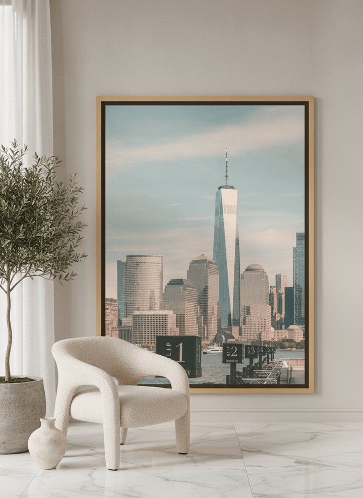 Oversized statement canvas wall art with a natural timber surround leaning against the wall in a luxe dining room