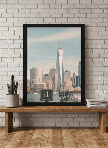 Modern wall art print standing on a bench in an industrial loft home office