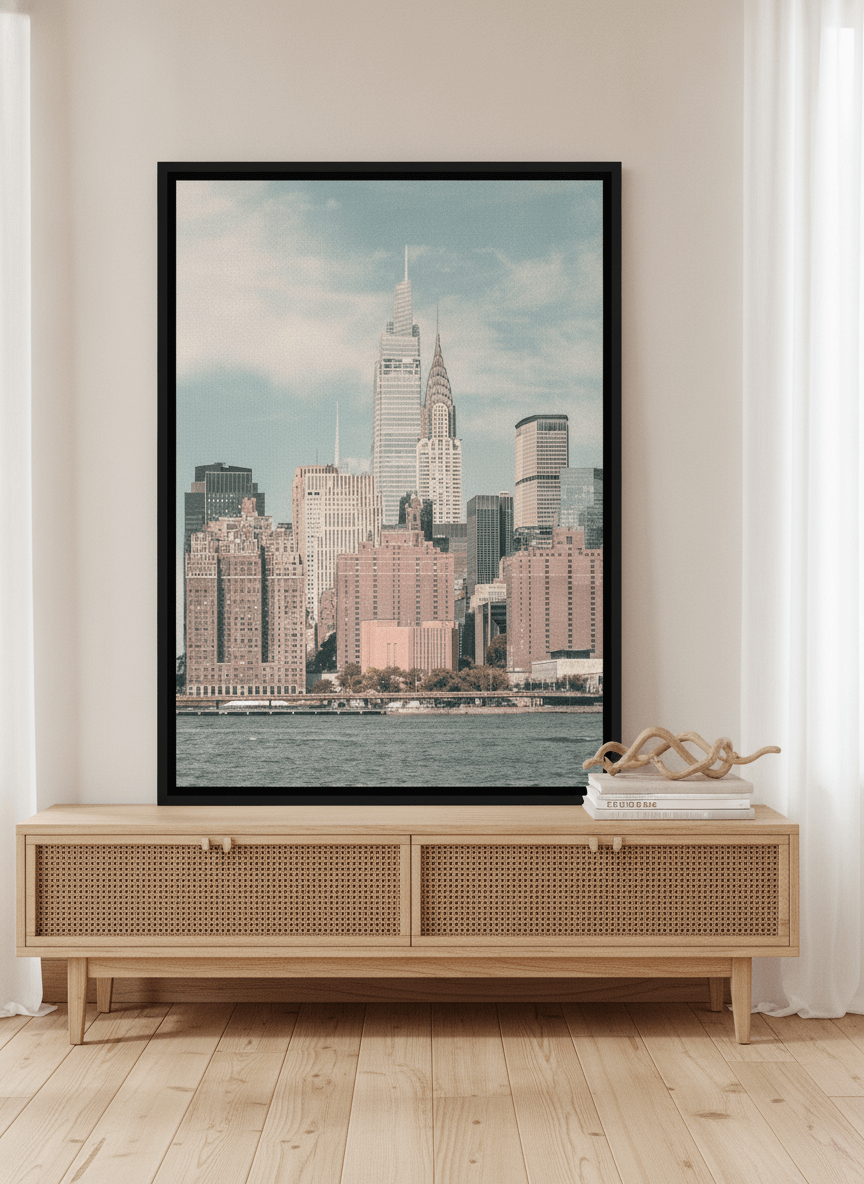 Canvas wall art with a black surround standing on a sideboard in a coastal living room