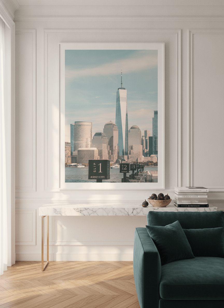 Oversized statement modern wall art print styled on the wall in a Parisian living room