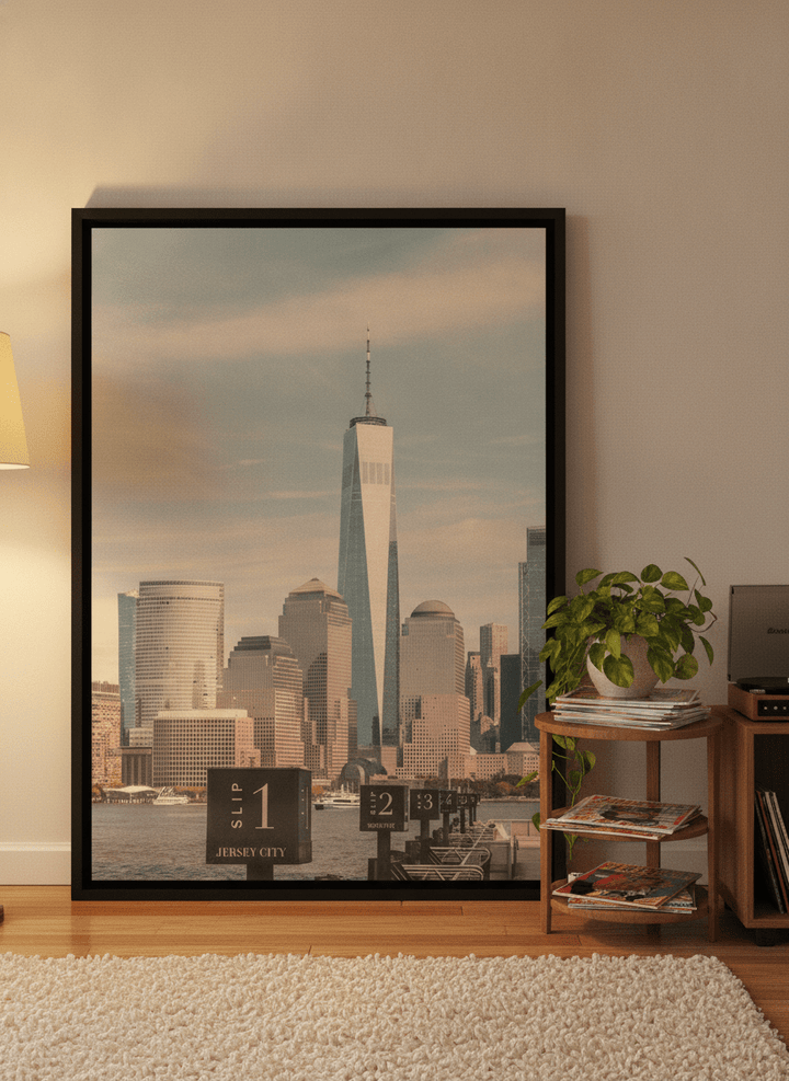 Canvas wall art with a black surround leaning against the wall in a retro 70s dining room