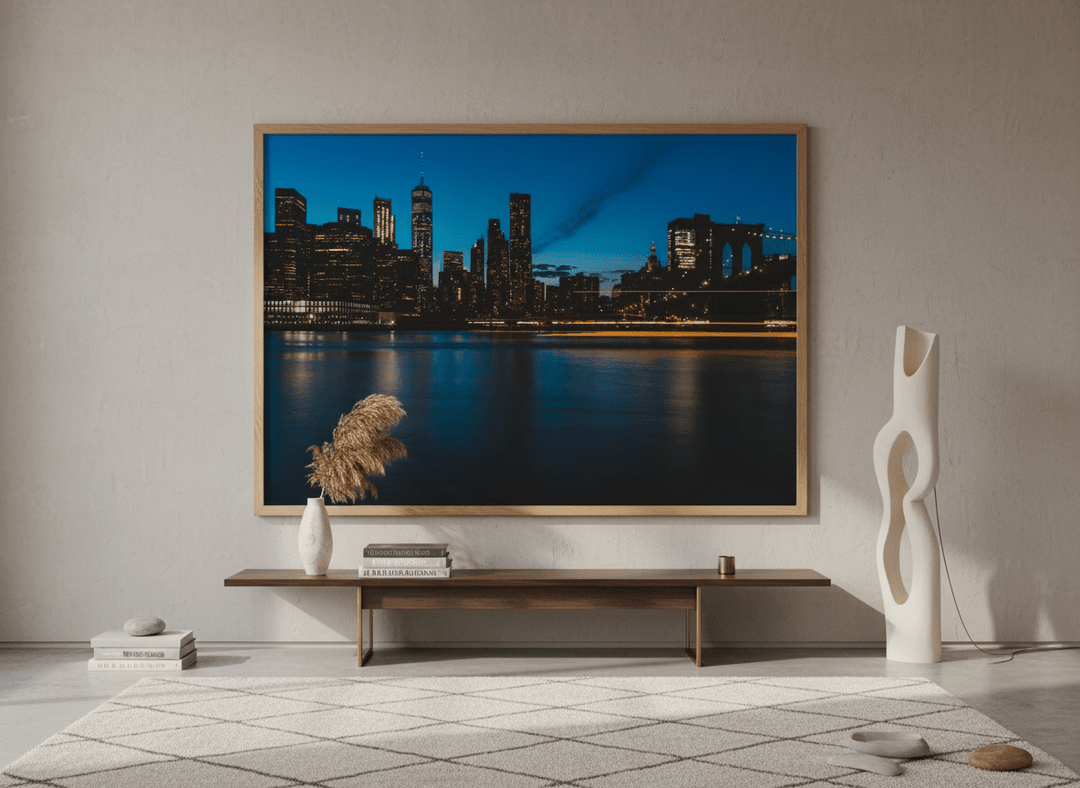 Monumental artwork centred on a feature wall in a luxe interior