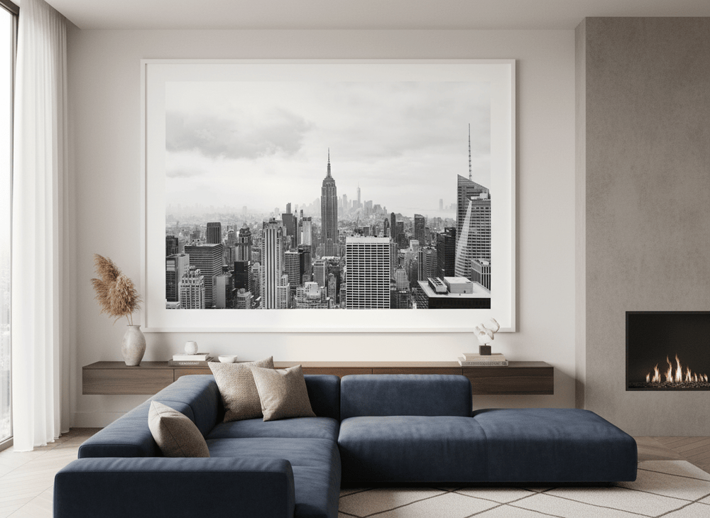 Monumental artwork centred on a feature wall in a luxe interior