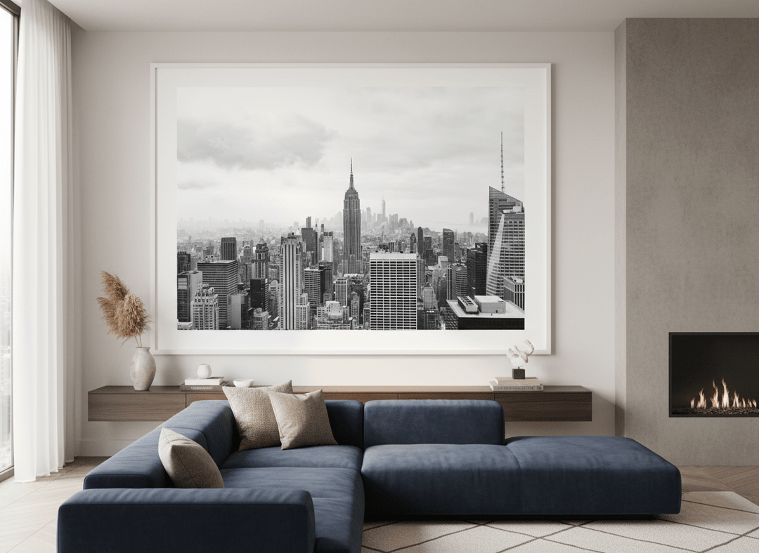 Monumental artwork centred on a feature wall in a luxe interior
