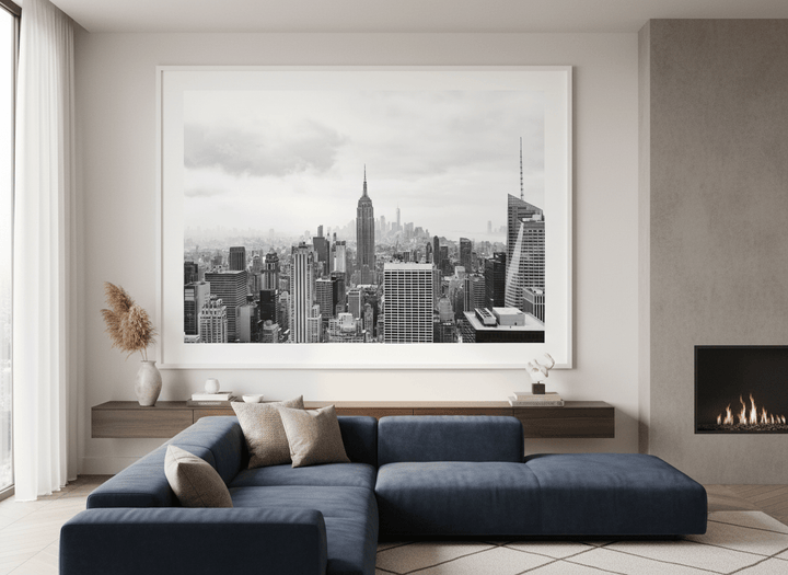 Monumental artwork centred on a feature wall in a luxe interior