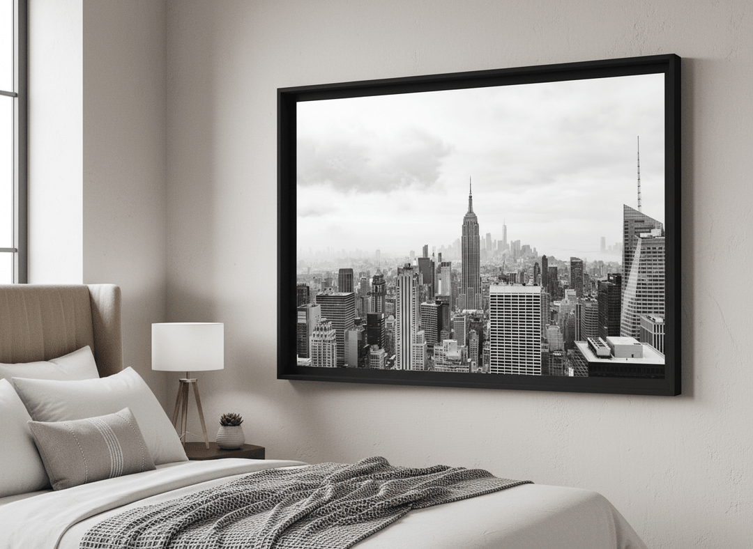 Minimalist artwork displayed in a calm, light-filled bedroom interior