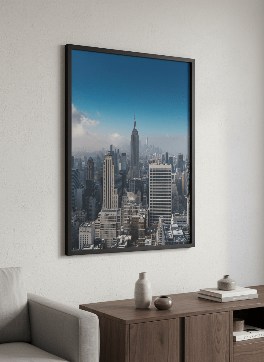 Modern wall art styled above a sofa in a neutral living room