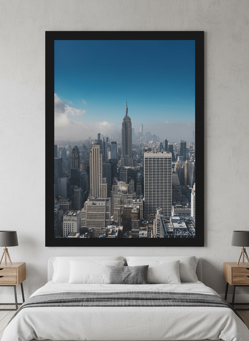 Minimalist artwork displayed in a calm, light-filled bedroom interior
