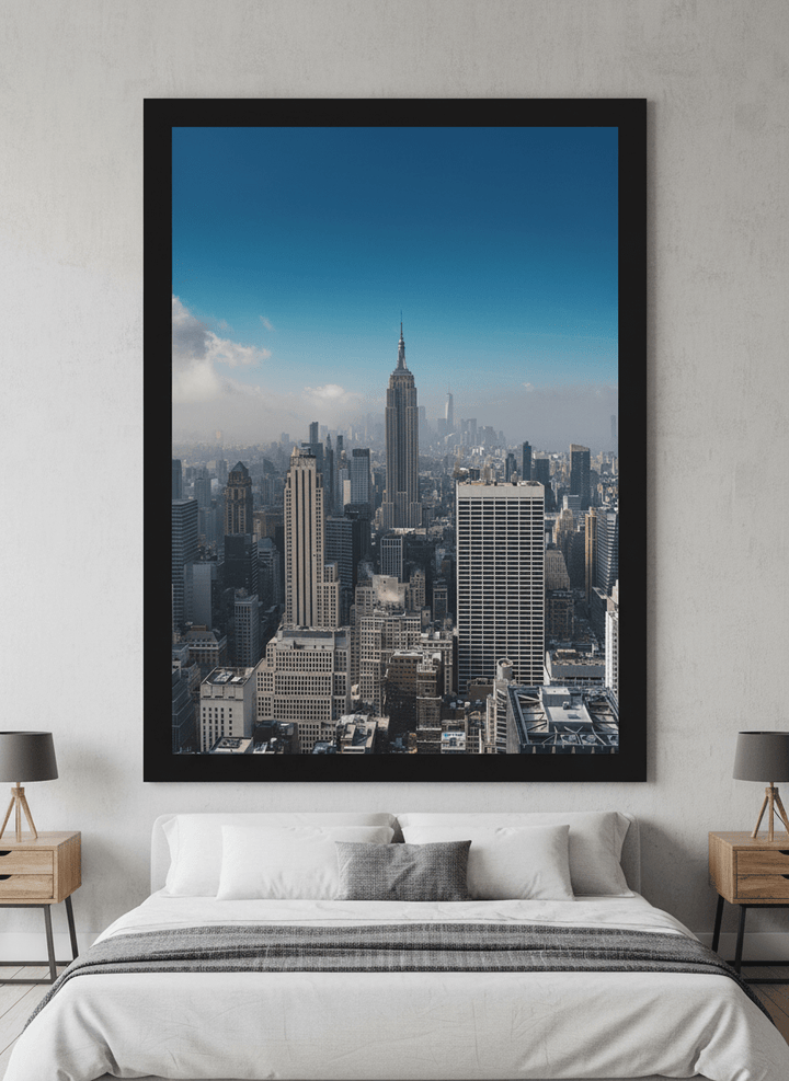 Minimalist artwork displayed in a calm, light-filled bedroom interior