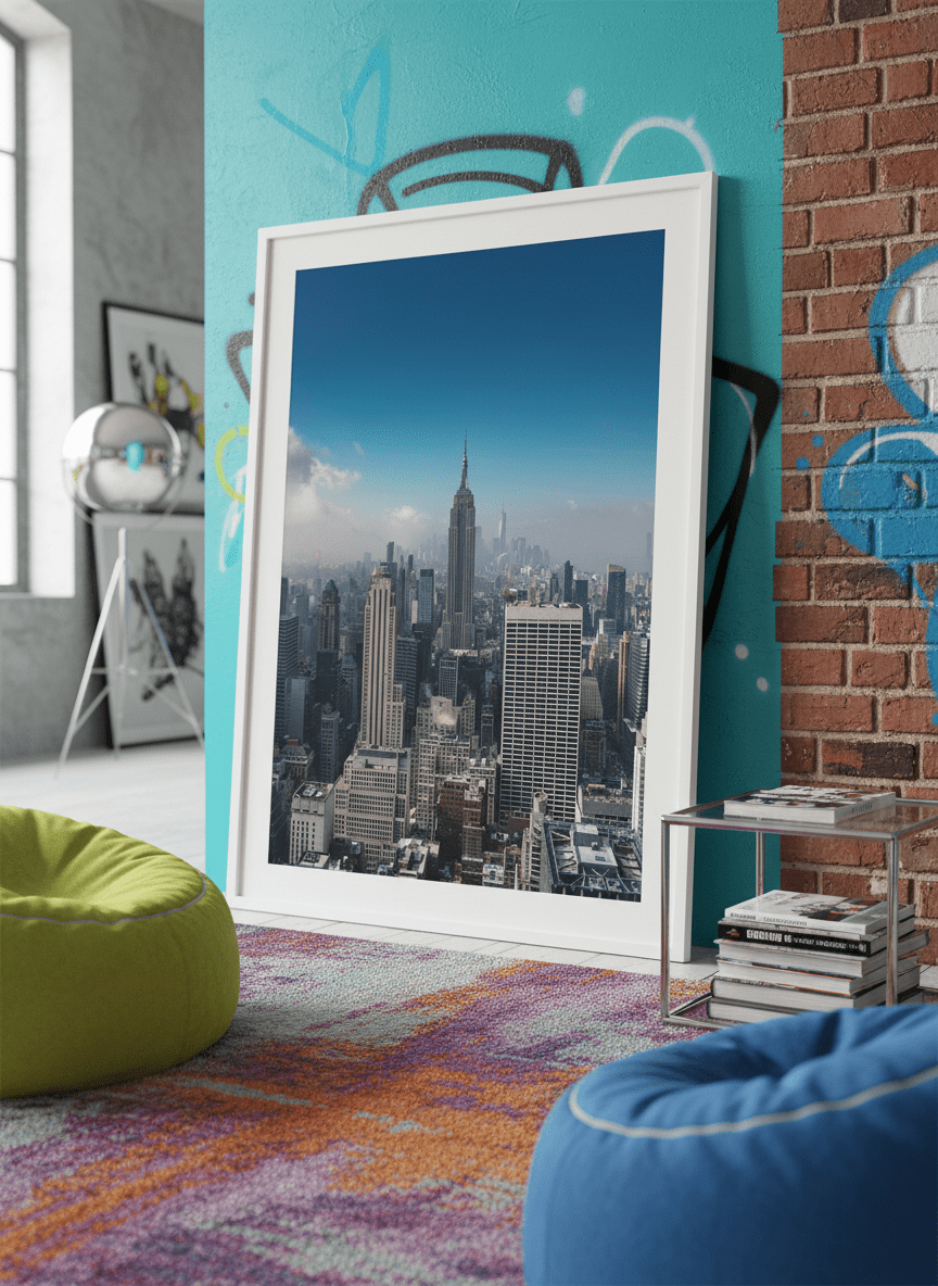 Bold wall art styled in a colourful, eclectic modern home