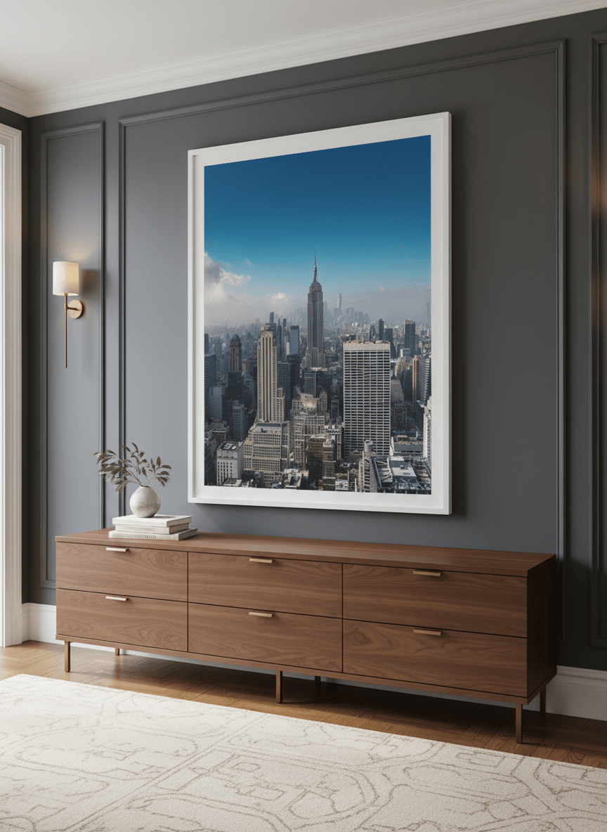 Monumental artwork centred on a feature wall in a luxe interior