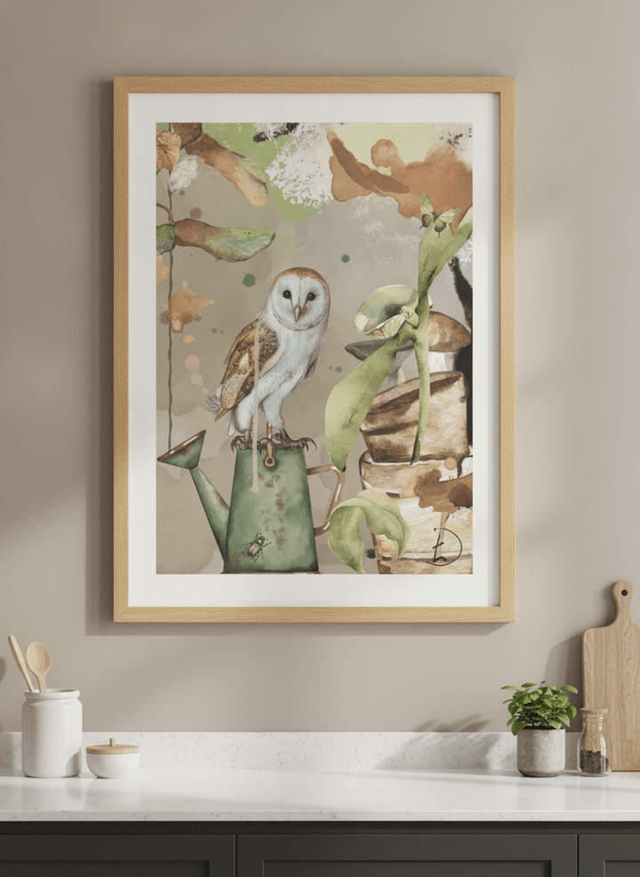 Artwork styled on the wall of a bright modern kitchen