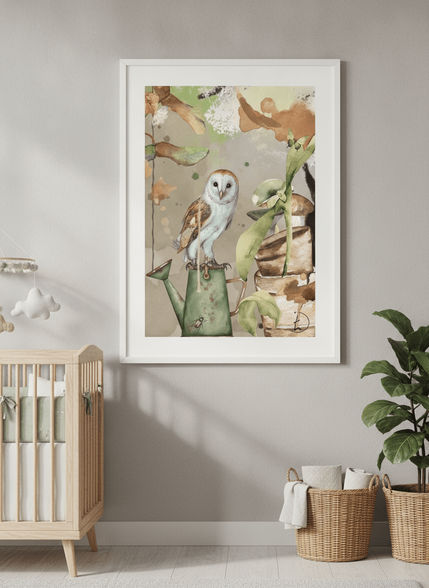 Soft neutral wall art styled in a serene nursery with pastel tones