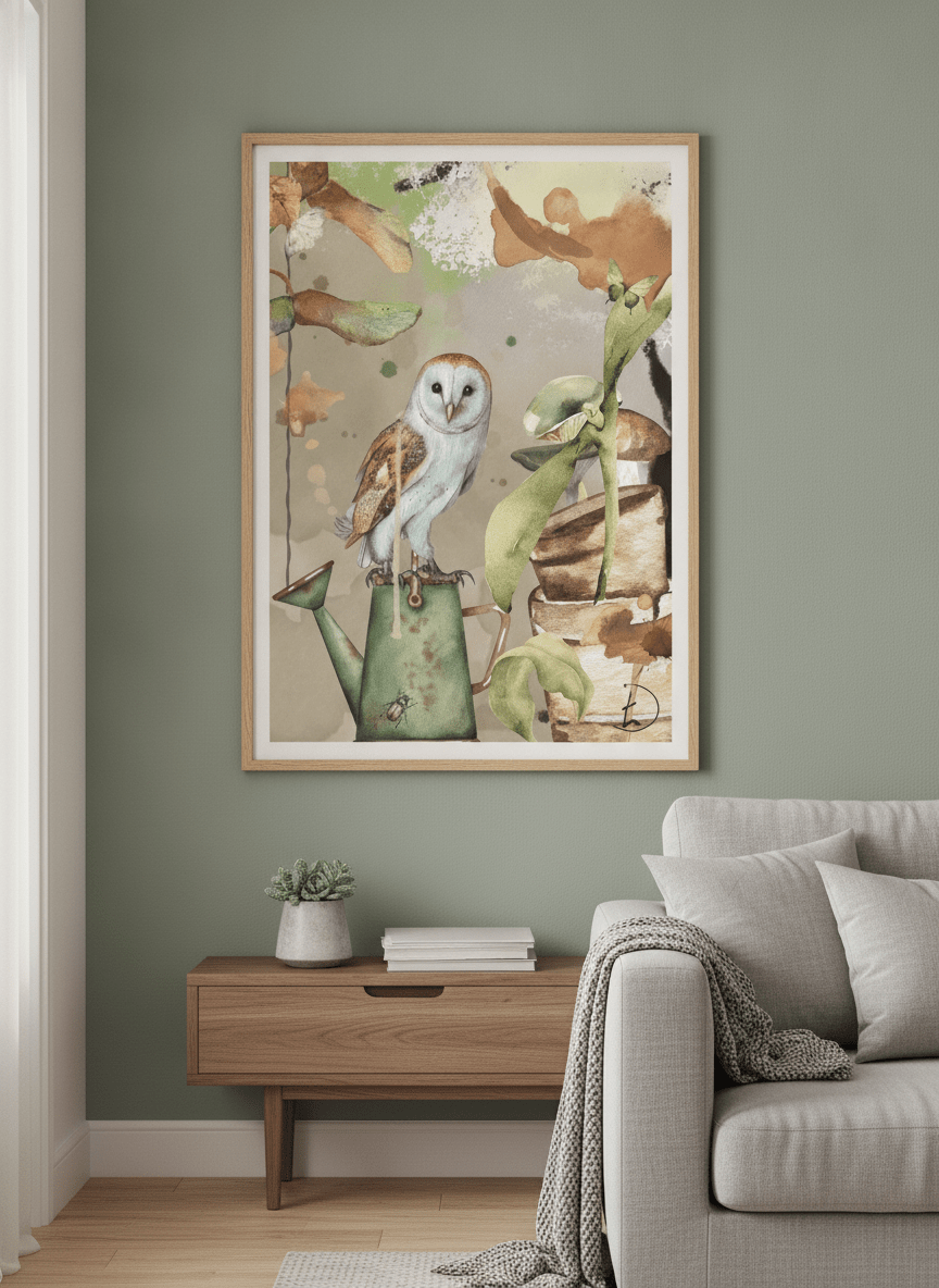 Modern wall art styled above a sofa in a neutral living room
