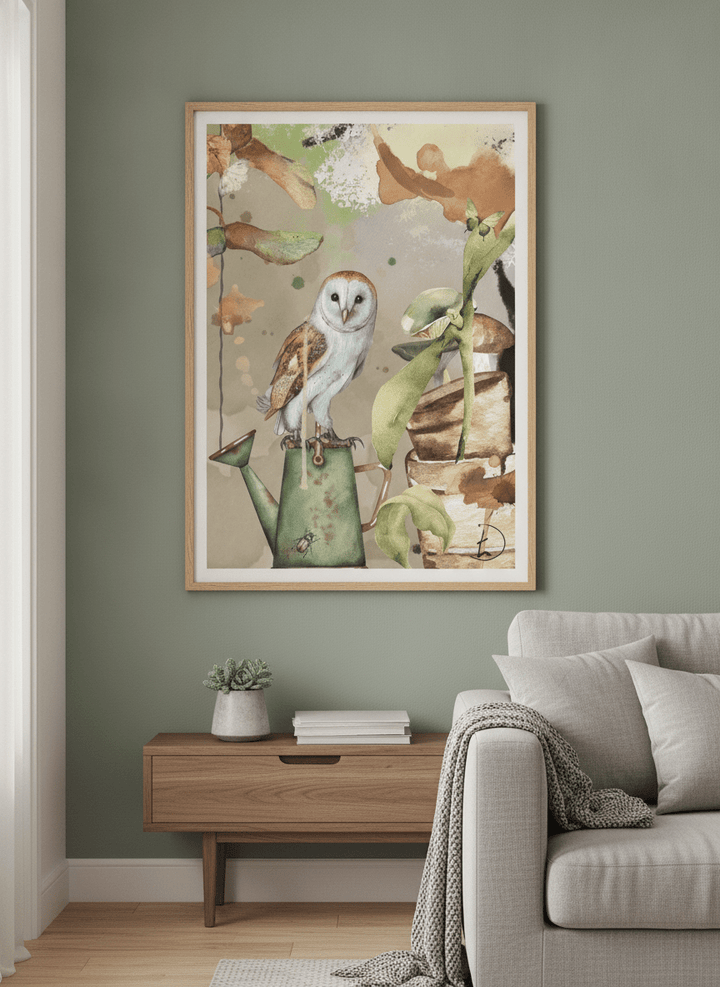 Modern wall art styled above a sofa in a neutral living room