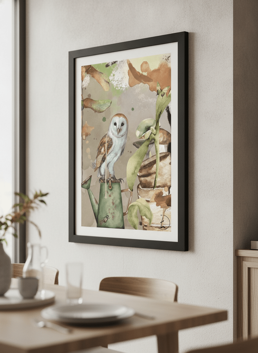 Wall art styled above a dining table in a contemporary home
