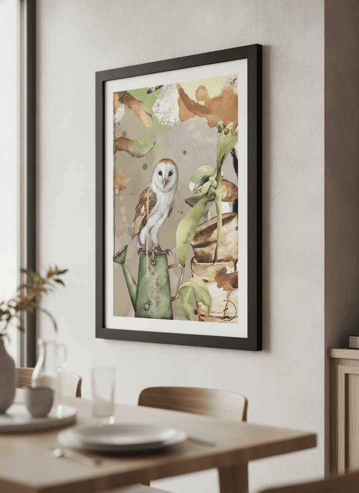 Wall art styled above a dining table in a contemporary home
