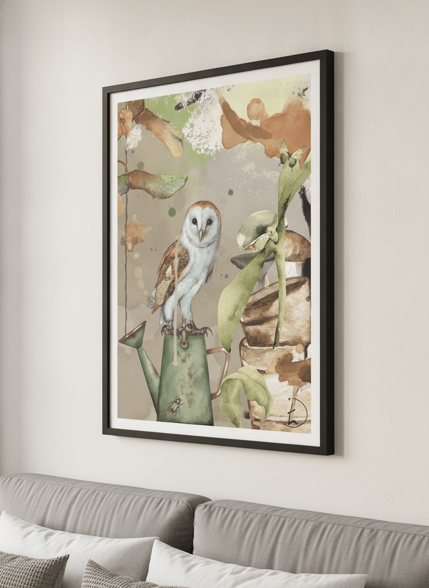 Minimalist artwork displayed in a calm, light-filled bedroom interior