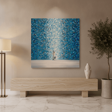 Stretched canvas wall art styled on the wall in a luxe living room