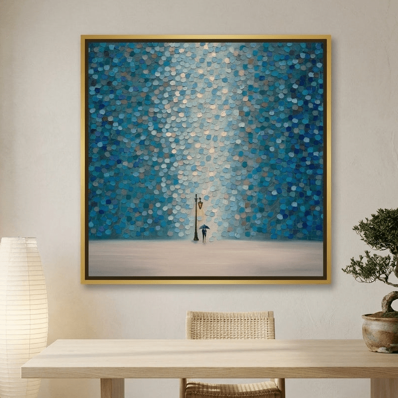 Canvas wall art with a gold leaf surround styled on the wall in a warm Japandi home office