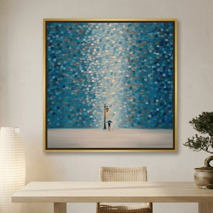 Canvas wall art with a gold leaf surround styled on the wall in a warm Japandi home office