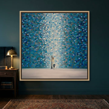 Canvas wall art with a natural timber surround styled on the wall in a moody bedroom