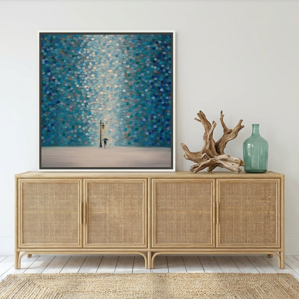 Canvas wall art with a white surround standing on a sideboard in a coastal dining room