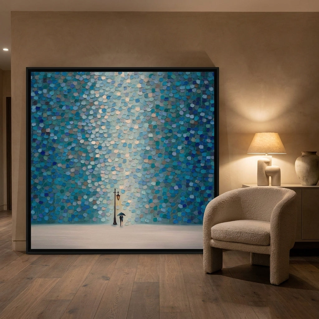 Oversized statement canvas wall art with a black surround leaning against the wall in a luxe dining room