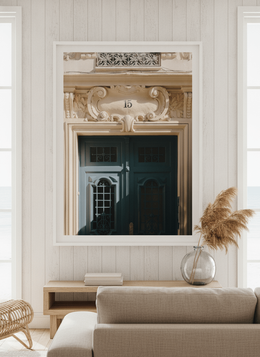 Neutral wall art displayed in a sunny coastal beach house