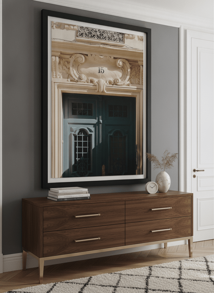 Monumental artwork centred on a feature wall in a luxe interior