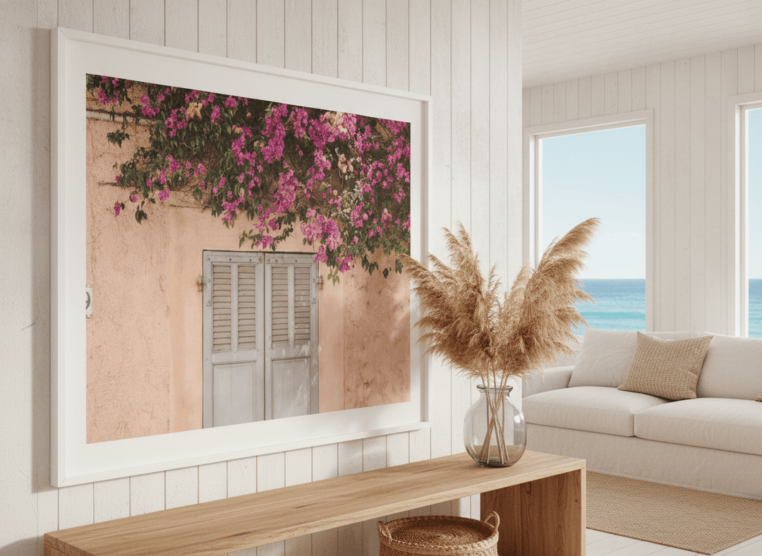 Neutral wall art displayed in a sunny coastal beach house