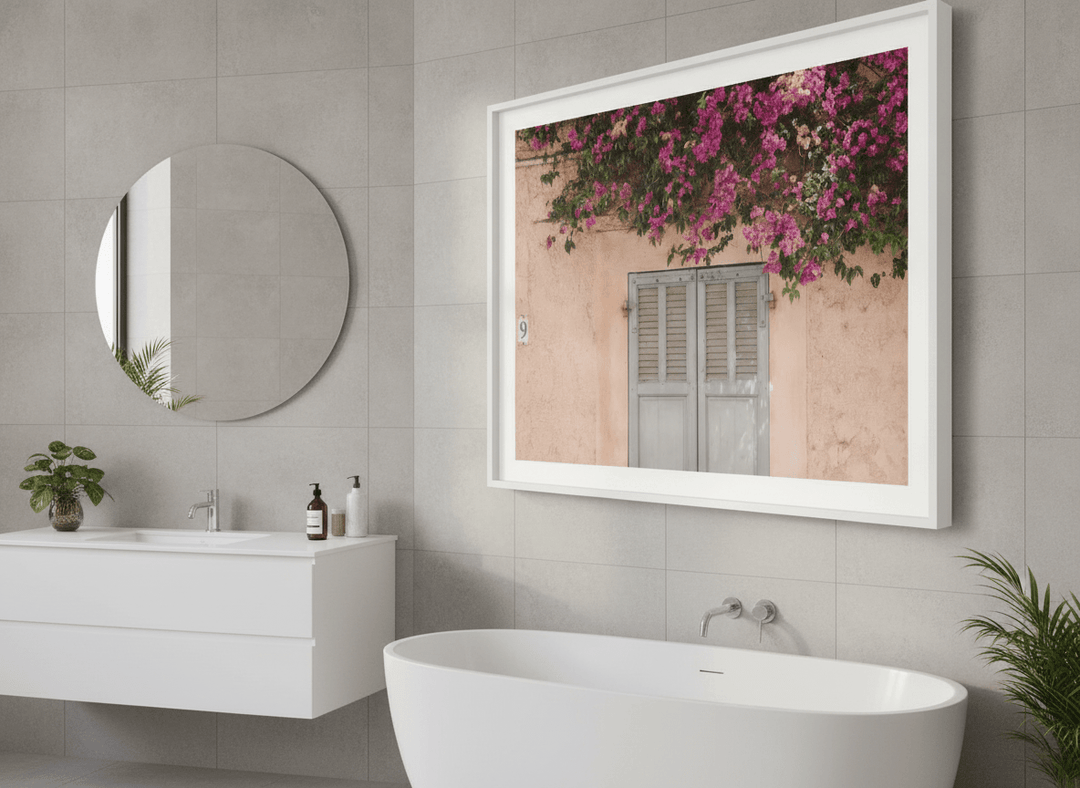 Modern print displayed in a clean minimalist bathroom setting