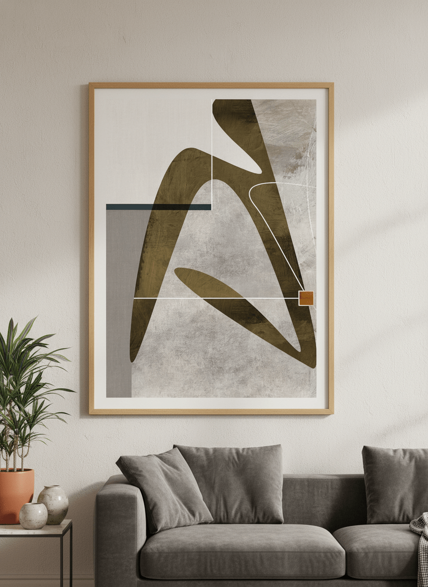 Modern wall art styled above a sofa in a neutral living room