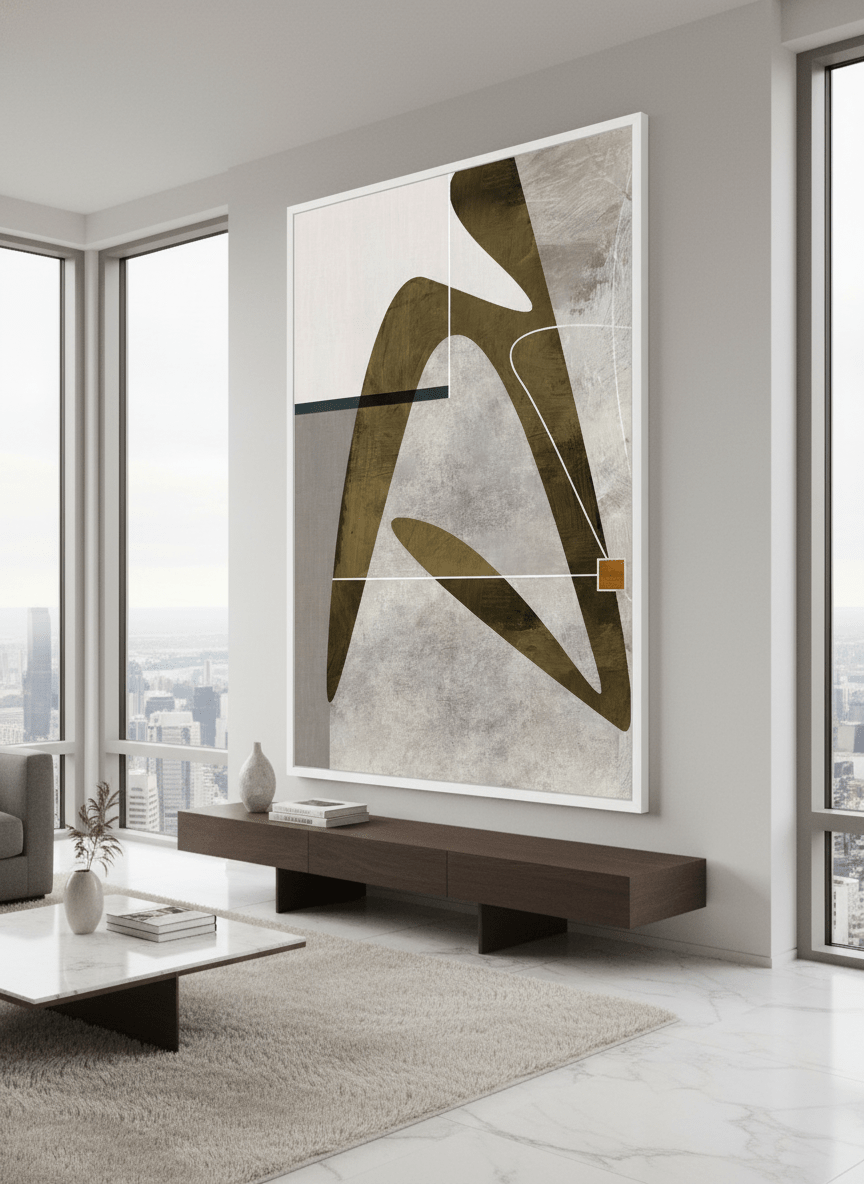 Monumental artwork centred on a feature wall in a luxe interior