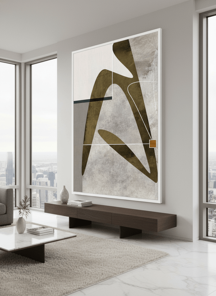 Monumental artwork centred on a feature wall in a luxe interior